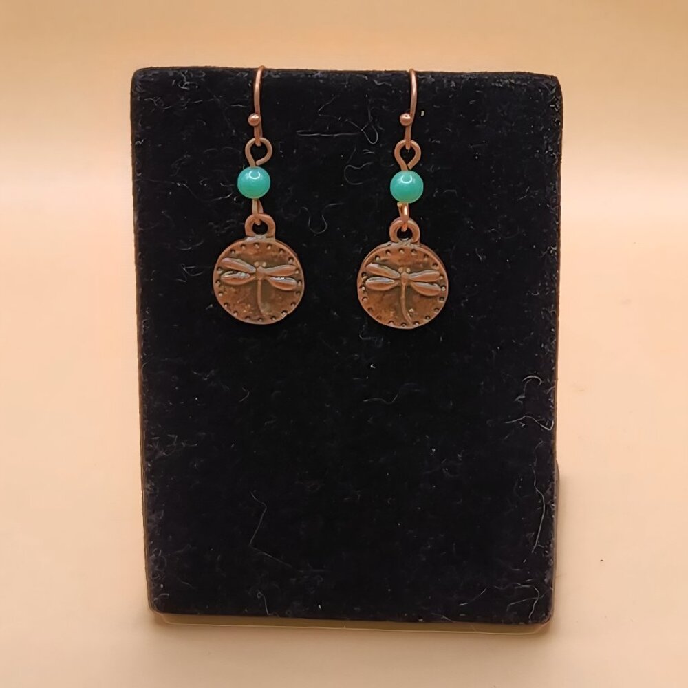Chrysoprase and Copper Dragonfly Drop Earrings - Picture 2 of 4